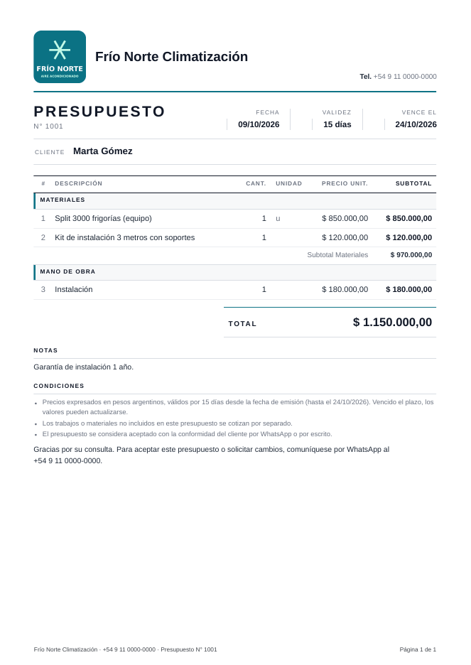 Presupuesto en PDF de Frío Norte Climatización (datos ficticios): split 3000 frigorías, kit de instalación, mano de obra, total y nota de garantía