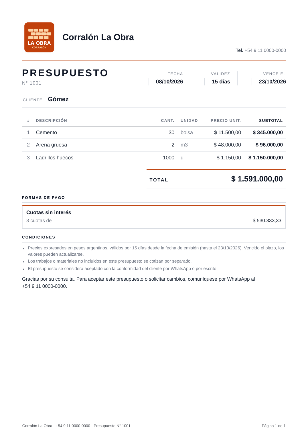 Presupuesto en PDF de un corralón (datos ficticios): cemento, arena y ladrillos con precios de la lista, total y formas de pago en 3 cuotas